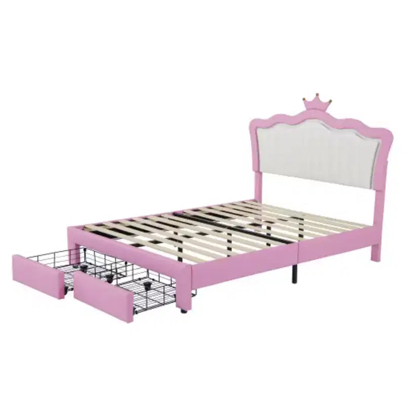 Letto da principessa moderno con testiera a corona, struttura imbottita a una piazza con luci a LED incluse