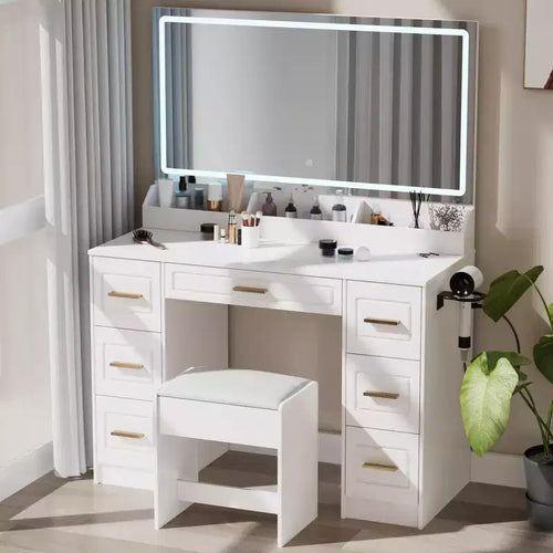 Homesflex 43 White Vanity Desk with Mirror, LED Lights, Power Outlet, 3 Light Modes, 7 Drawers, and Chair for Bedroom or Dressing Room