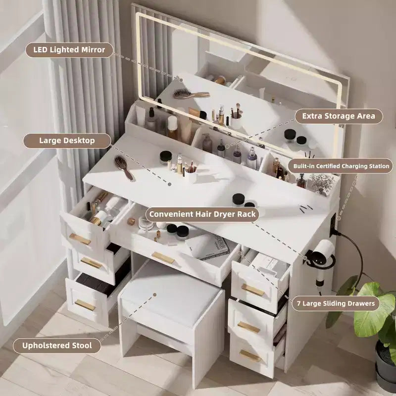 Toeletta bianca da 43 pollici con specchio, luci a LED, presa di corrente, 3 modalità di illuminazione, 7 cassetti e sedia per camera da letto o spogliatoio