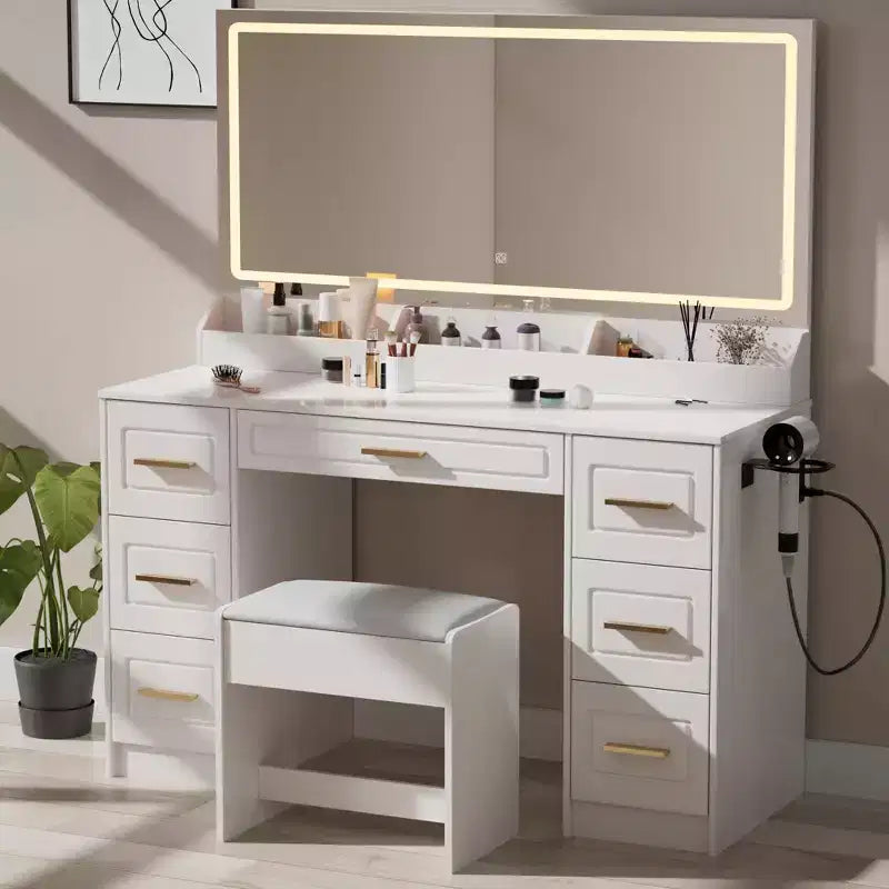Toeletta bianca da 43 pollici con specchio, luci a LED, presa di corrente, 3 modalità di illuminazione, 7 cassetti e sedia per camera da letto o spogliatoio