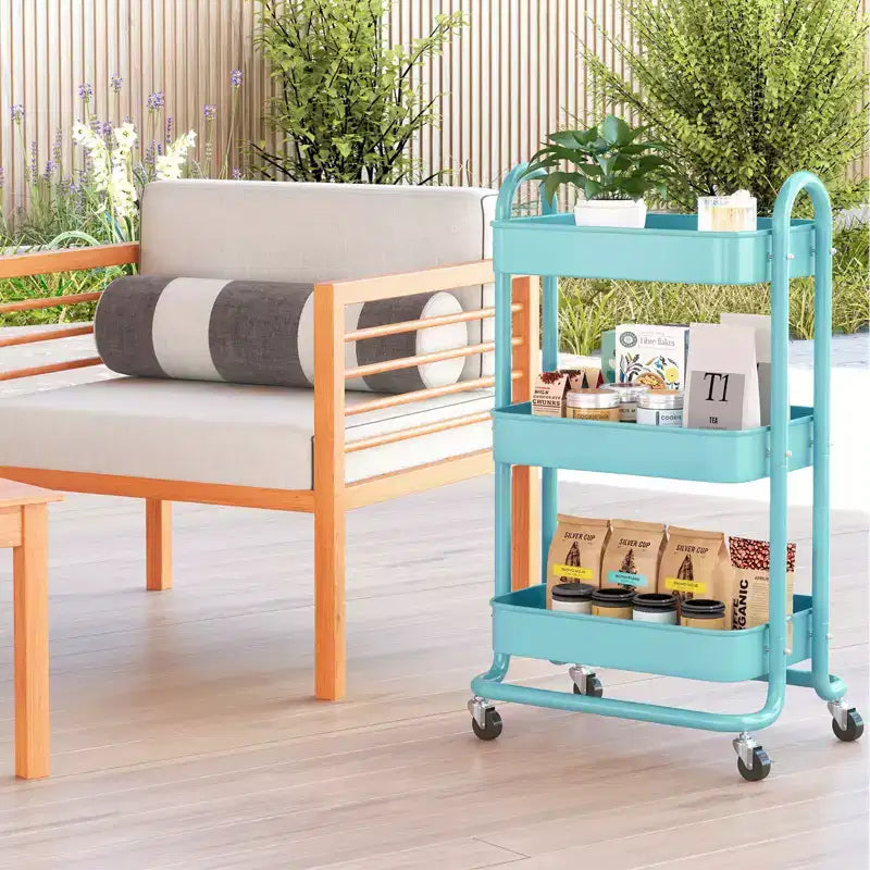 Carrello di servizio a 3 livelli con ruote bloccabili, organizer in acciaio al carbonio con finitura verniciata a polvere