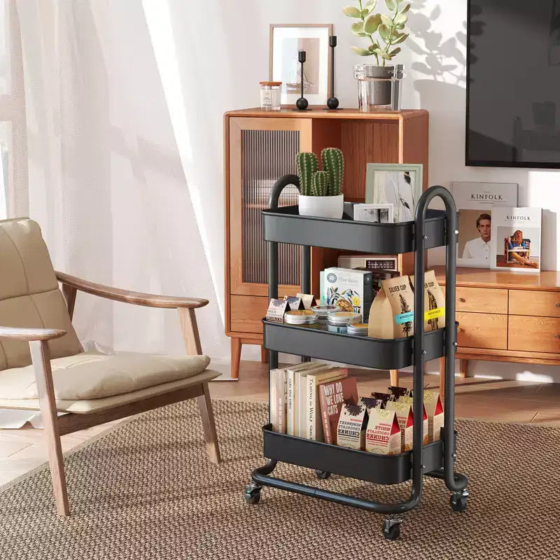 Carrello di servizio a 3 livelli con ruote bloccabili, organizer in acciaio al carbonio con finitura verniciata a polvere