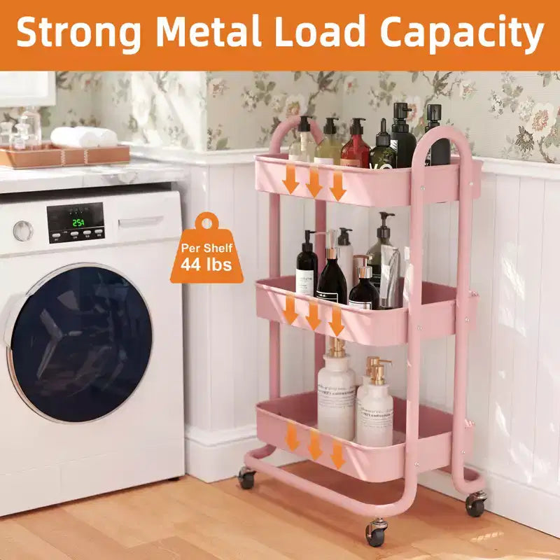 Carrello di servizio a 3 livelli con ruote bloccabili, organizer in acciaio al carbonio con finitura verniciata a polvere