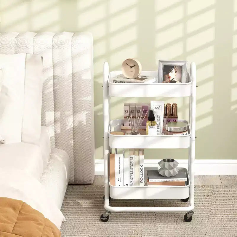 Carrello di servizio a 3 livelli con ruote bloccabili, organizer in acciaio al carbonio con finitura verniciata a polvere