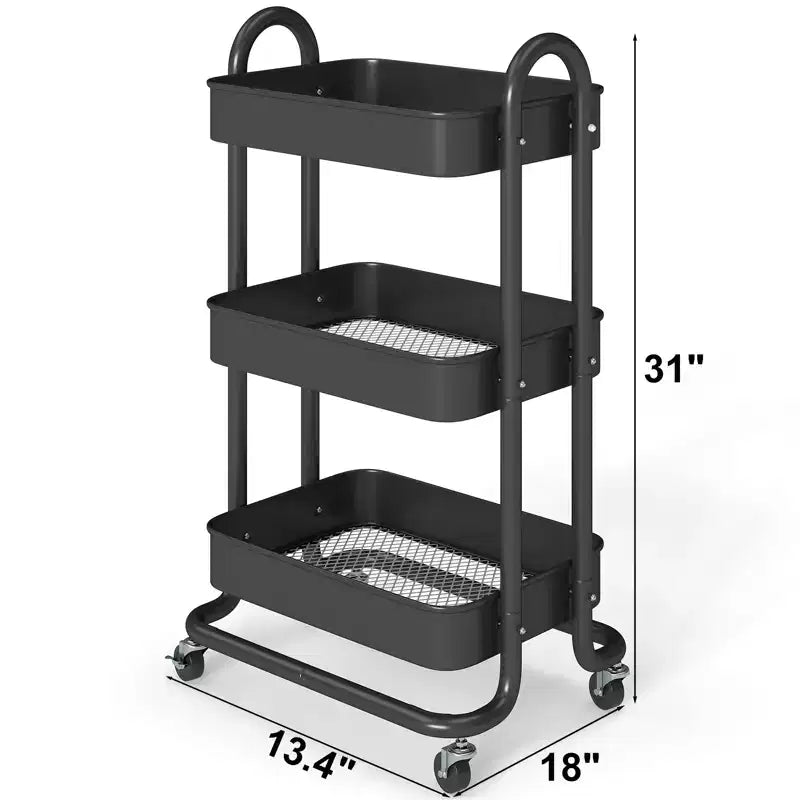 Carrello di servizio a 3 livelli con ruote bloccabili, organizer in acciaio al carbonio con finitura verniciata a polvere