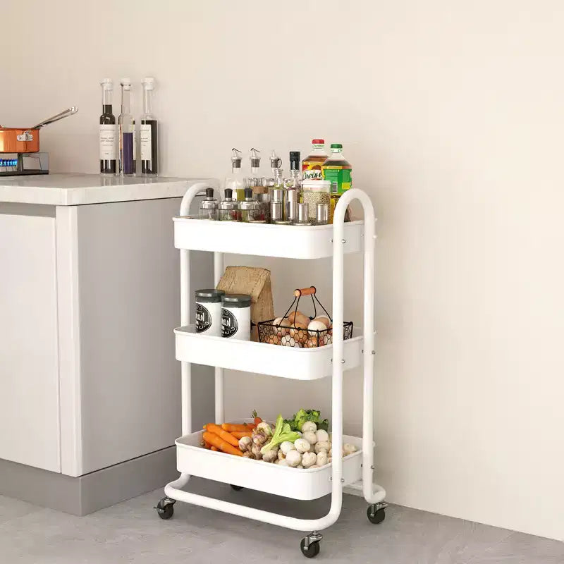 Carrello di servizio a 3 livelli con ruote bloccabili, organizer in acciaio al carbonio con finitura verniciata a polvere