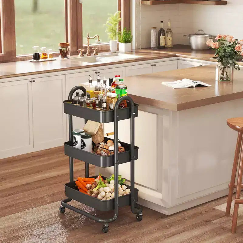 Carrello di servizio a 3 livelli con ruote bloccabili, organizer in acciaio al carbonio con finitura verniciata a polvere