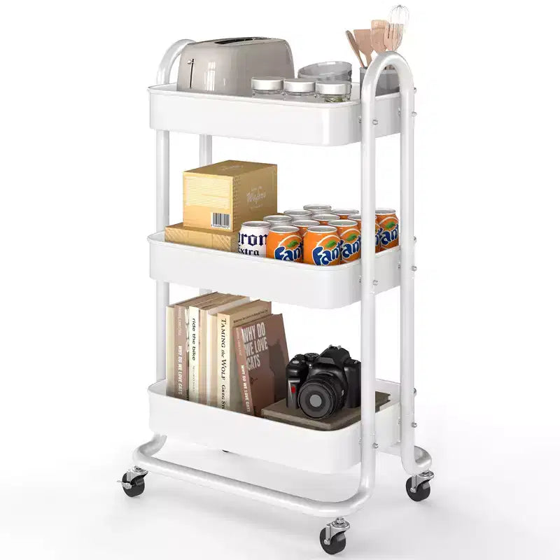 Carrello di servizio a 3 livelli con ruote bloccabili, organizer in acciaio al carbonio con finitura verniciata a polvere