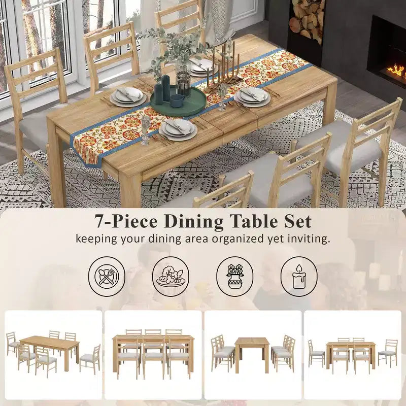 Tavolo da pranzo in legno da 7 pezzi, tavolo allungabile multifunzione, 12 ante e 2 cassetti, 6 sedie da pranzo