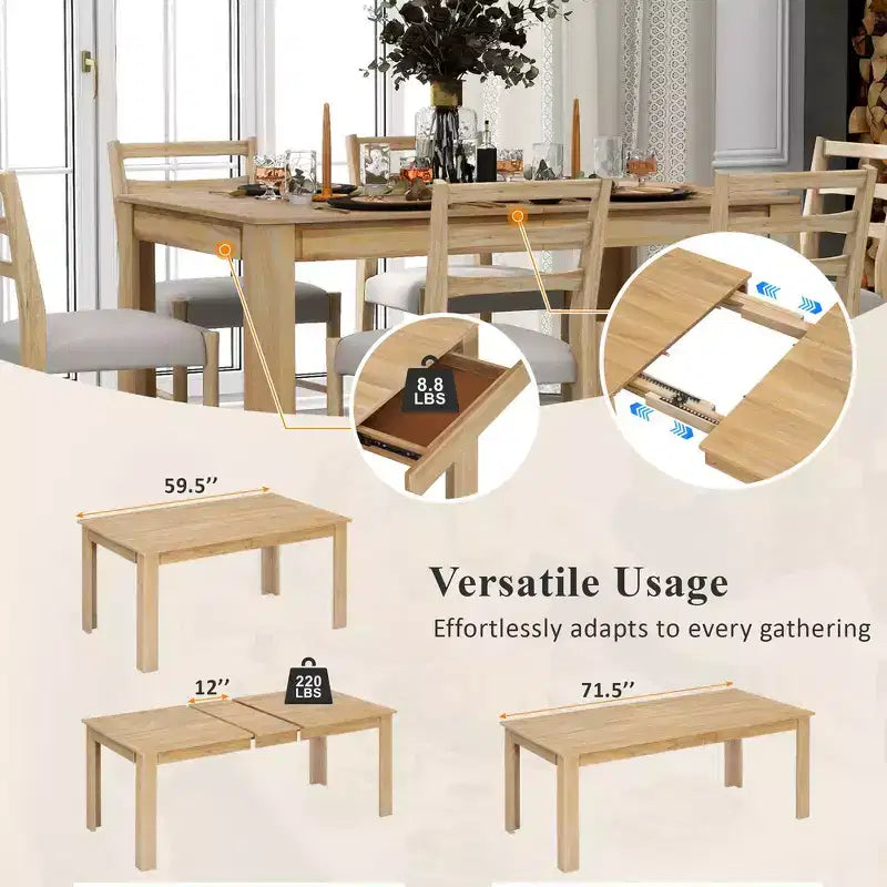 Tavolo da pranzo in legno da 7 pezzi, tavolo allungabile multifunzione, 12 ante e 2 cassetti, 6 sedie da pranzo