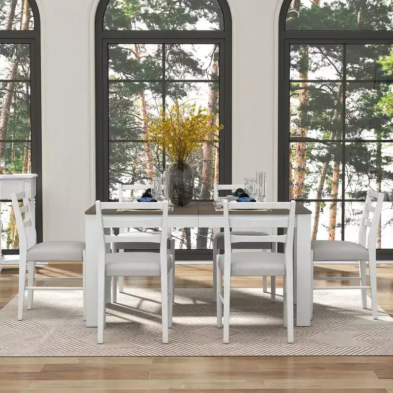Tavolo da pranzo in legno da 7 pezzi, tavolo allungabile multifunzione, 12 ante e 2 cassetti, 6 sedie da pranzo