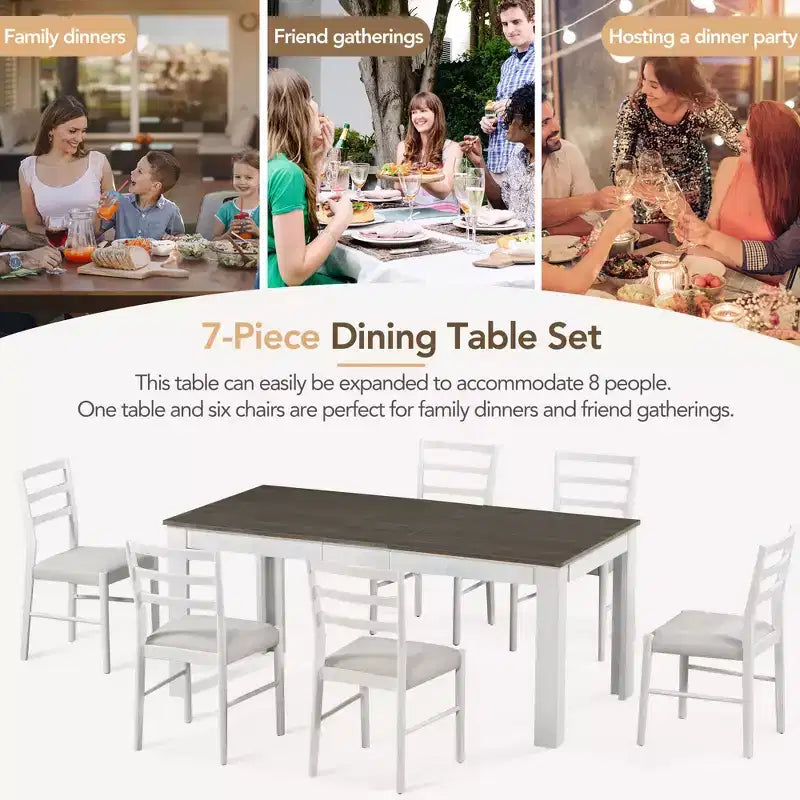 Tavolo da pranzo in legno da 7 pezzi, tavolo allungabile multifunzione, 12 ante e 2 cassetti, 6 sedie da pranzo
