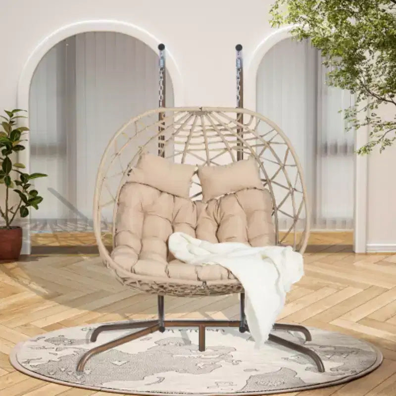 Double Egg Chair with Stand Hanging Indoor Outdoor Wicker Rattan Patio Basket Egg Swing Chair Hammock Egg Chairs