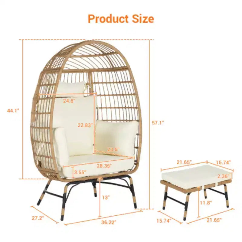 Poltrona a Uovo in Vimini, Poltrona a Uovo in Rattan per Interni ed Esterni, Poltrone a Uovo Grandi e Sovradimensionate da 272 kg con Pouf e Cuscini Spessi per Portico, Cortile, Balcone