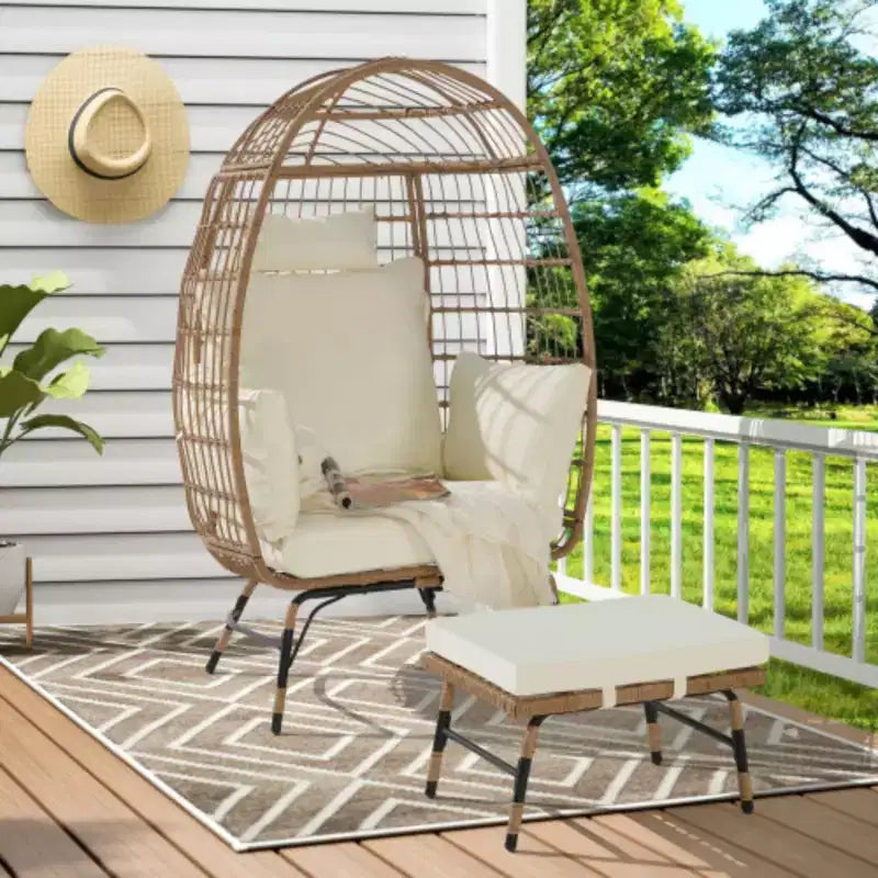 Poltrona a Uovo in Vimini, Poltrona a Uovo in Rattan per Interni ed Esterni, Poltrone a Uovo Grandi e Sovradimensionate da 272 kg con Pouf e Cuscini Spessi per Portico, Cortile, Balcone
