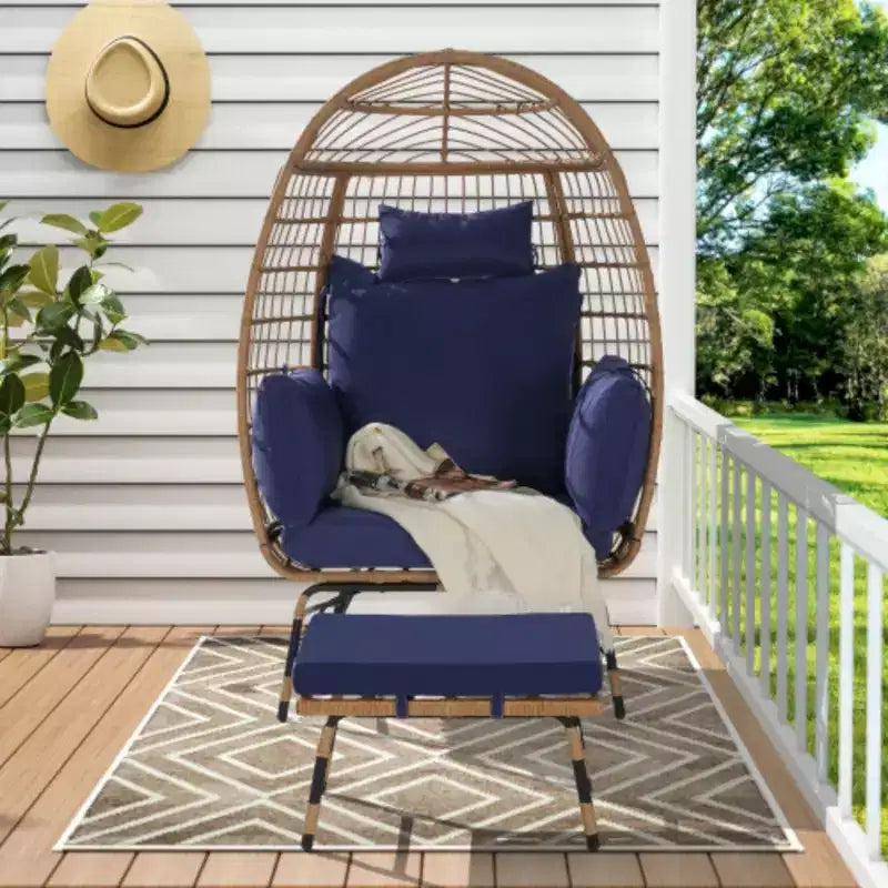 Poltrona a Uovo in Vimini, Poltrona a Uovo in Rattan per Interni ed Esterni, Poltrone a Uovo Grandi e Sovradimensionate da 272 kg con Pouf e Cuscini Spessi per Portico, Cortile, Balcone