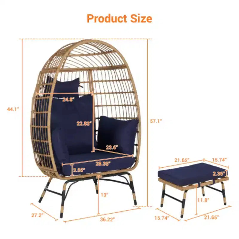 Poltrona a Uovo in Vimini, Poltrona a Uovo in Rattan per Interni ed Esterni, Poltrone a Uovo Grandi e Sovradimensionate da 272 kg con Pouf e Cuscini Spessi per Portico, Cortile, Balcone