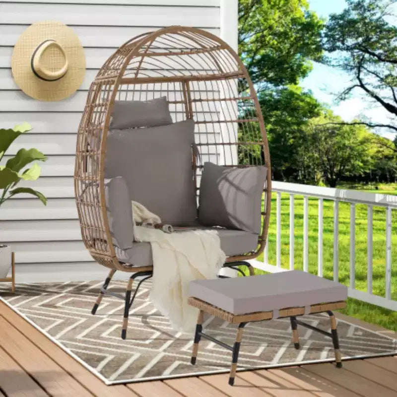 Poltrona a Uovo in Vimini, Poltrona a Uovo in Rattan per Interni ed Esterni, Poltrone a Uovo Grandi e Sovradimensionate da 272 kg con Pouf e Cuscini Spessi per Portico, Cortile, Balcone