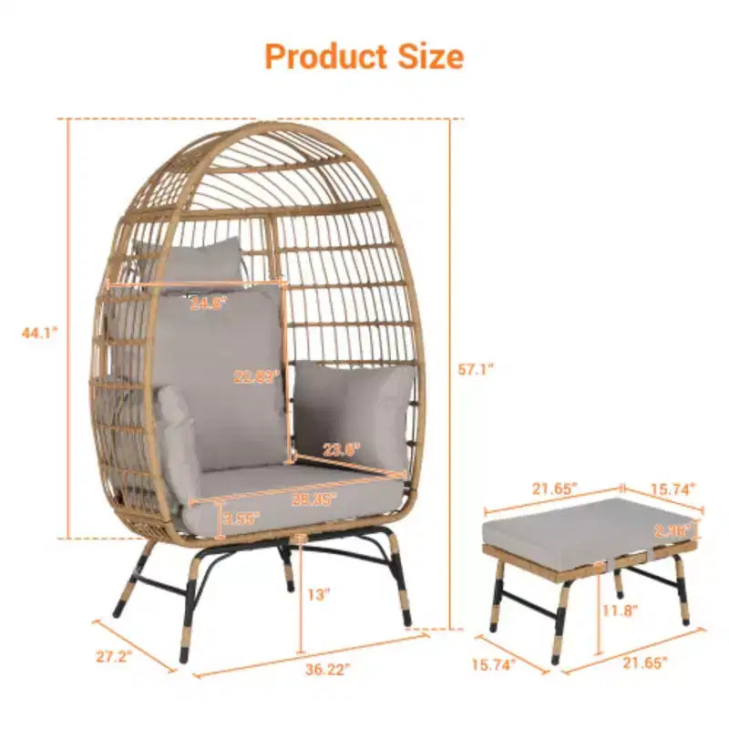 Poltrona a Uovo in Vimini, Poltrona a Uovo in Rattan per Interni ed Esterni, Poltrone a Uovo Grandi e Sovradimensionate da 272 kg con Pouf e Cuscini Spessi per Portico, Cortile, Balcone