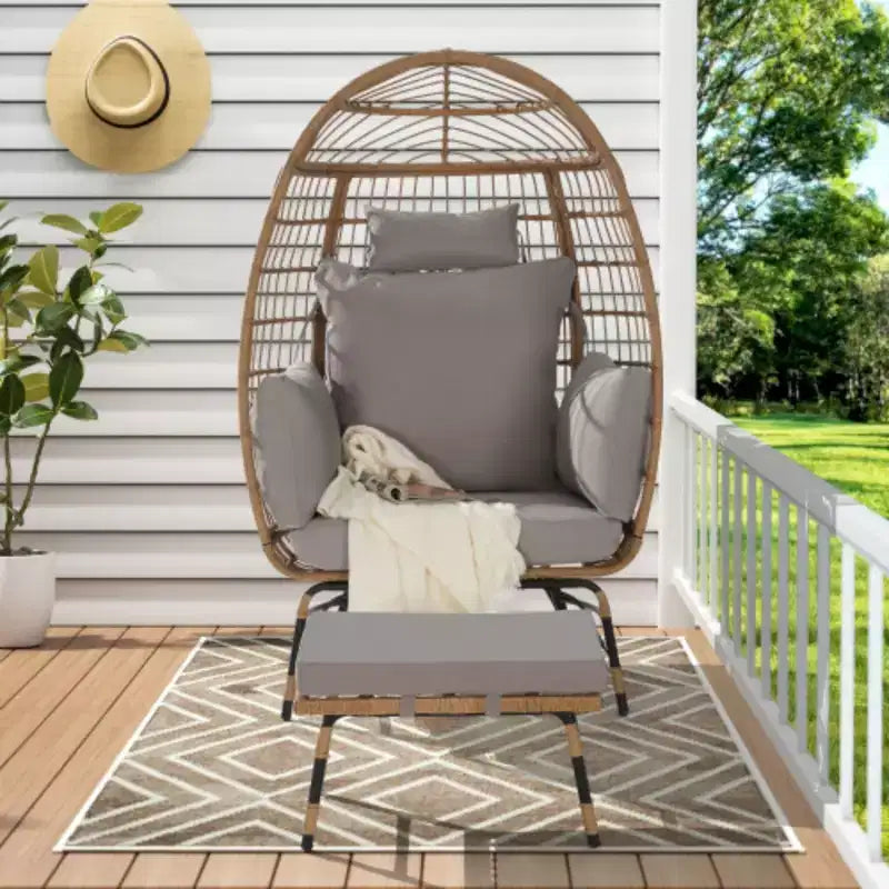 Poltrona a Uovo in Vimini, Poltrona a Uovo in Rattan per Interni ed Esterni, Poltrone a Uovo Grandi e Sovradimensionate da 272 kg con Pouf e Cuscini Spessi per Portico, Cortile, Balcone