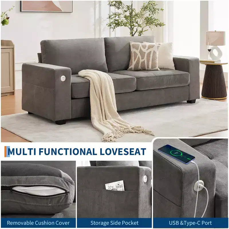 Divano moderno a nuvola in ciniglia da 90", divano a 2 posti con porte USB/Type-C, cuscini a seduta profonda Ideale per piccoli spazi, appartamenti e soggiorni