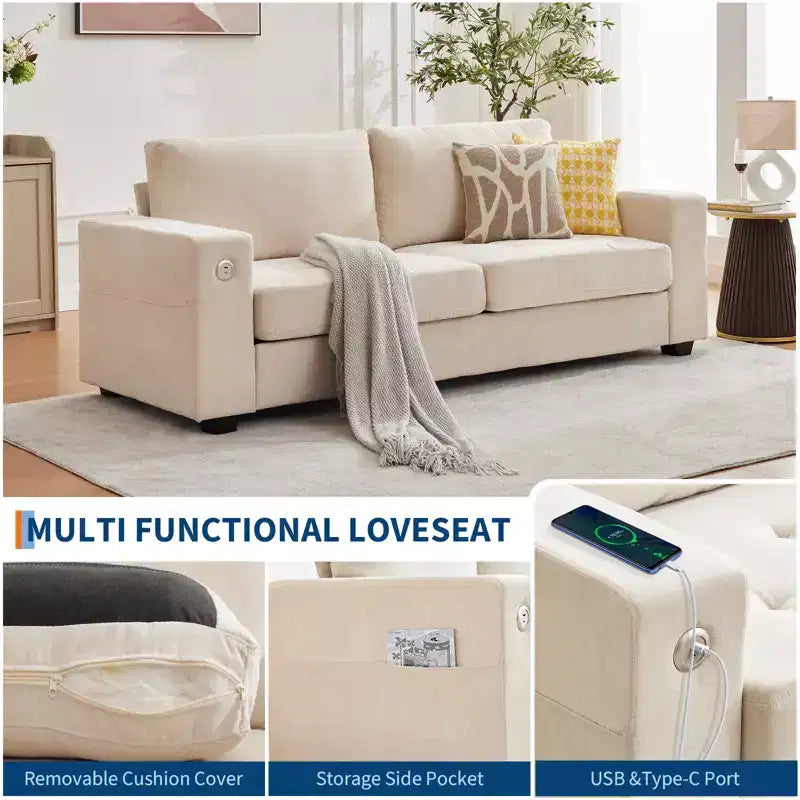 Divano moderno a nuvola in ciniglia da 90", divano a 2 posti con porte USB/Type-C, cuscini a seduta profonda Ideale per piccoli spazi, appartamenti e soggiorni