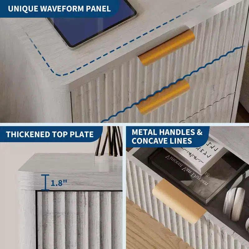 Comodino scanalato metà secolo con 3 cassetti, comodino in legno con bordi curvi, tavolino moderno per camera da letto o soggiorno