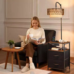 Lampada da terra con tavolino, tavolino a 2 ripiani con 2 cassetti e lampadina LED a 3 temperature di colore, comodino moderno con USB, marrone e nero