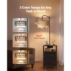 Lampada da terra con tavolino, tavolino a 2 ripiani con 2 cassetti e lampadina LED a 3 temperature di colore, comodino moderno con USB, marrone e nero