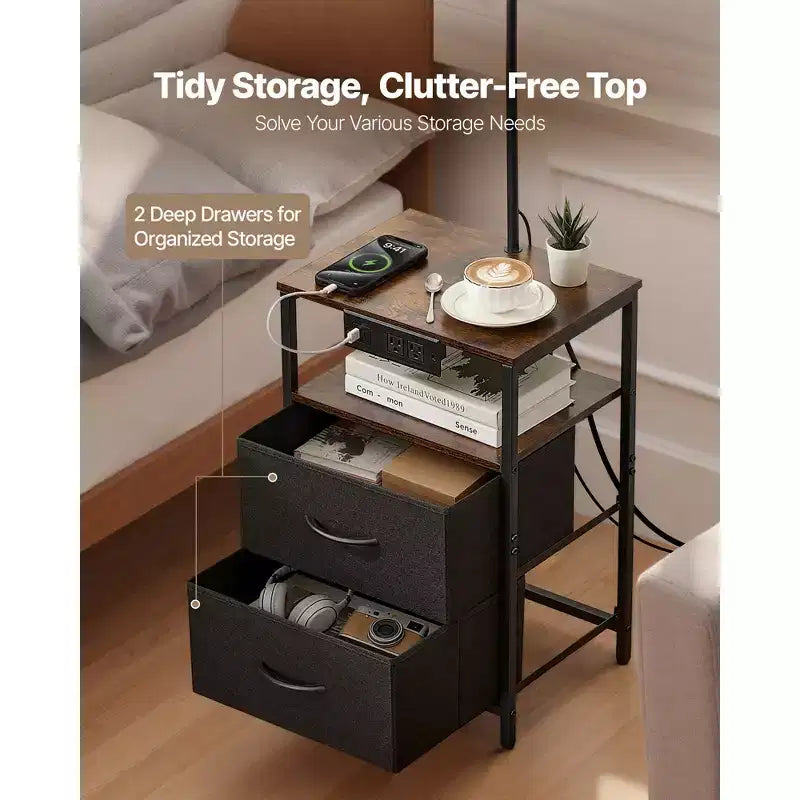 Lampada da terra con tavolino, tavolino a 2 ripiani con 2 cassetti e lampadina LED a 3 temperature di colore, comodino moderno con USB, marrone e nero