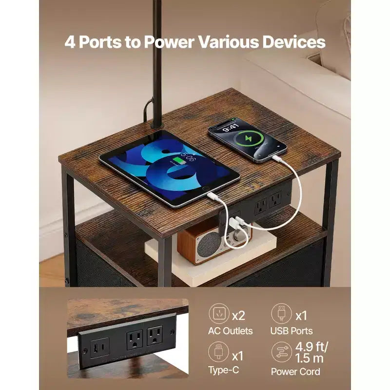 Lampada da terra con tavolino, tavolino a 2 ripiani con 2 cassetti e lampadina LED a 3 temperature di colore, comodino moderno con USB, marrone e nero