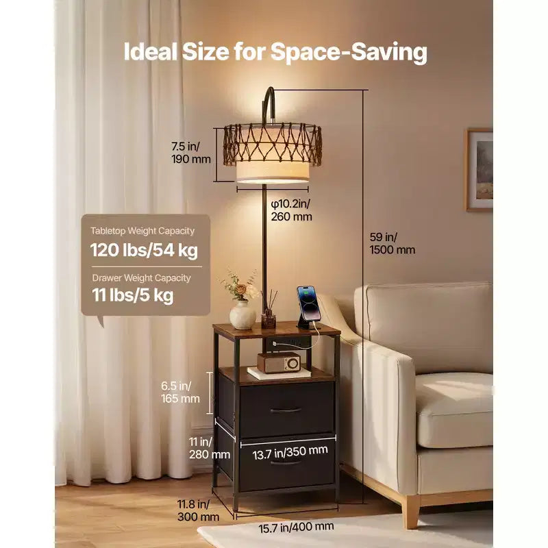 Lampada da terra con tavolino, tavolino a 2 ripiani con 2 cassetti e lampadina LED a 3 temperature di colore, comodino moderno con USB, marrone e nero