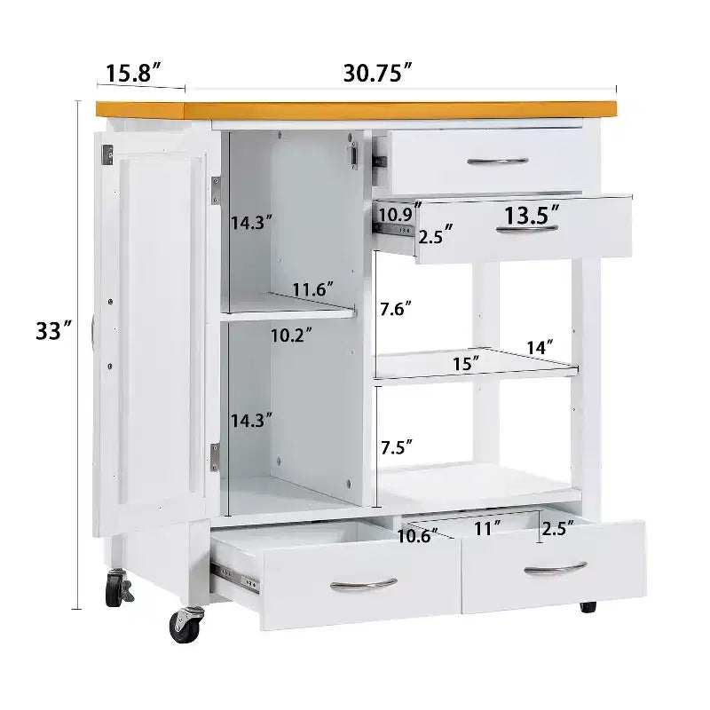Carrello da cucina con ripiano in noce, cassetti e ruote per una conservazione flessibile