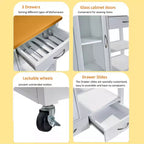 Carrello da cucina con ripiano in noce, cassetti e ruote per una conservazione flessibile