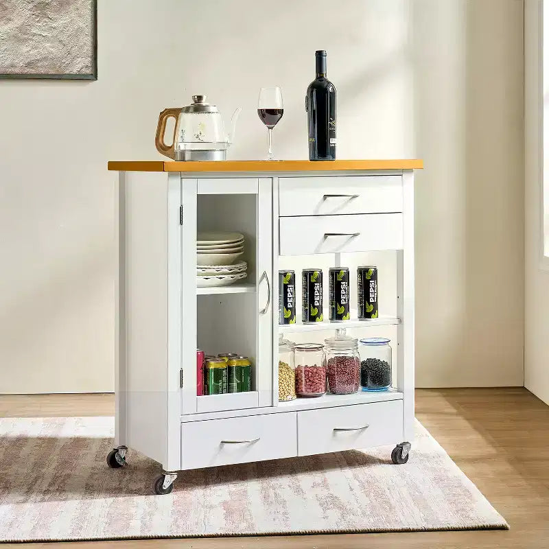 Carrello da cucina con ripiano in noce, cassetti e ruote per una conservazione flessibile
