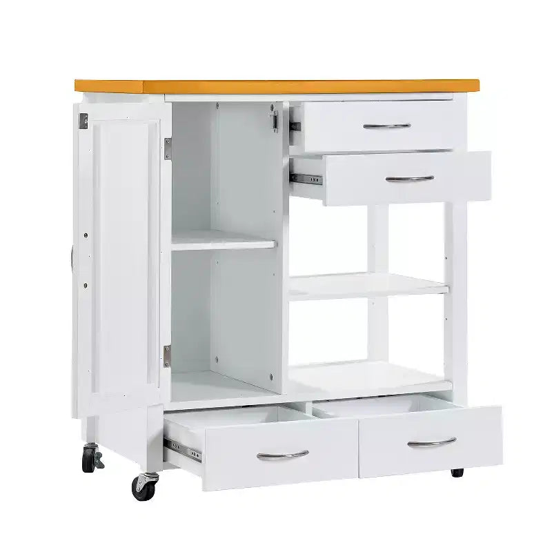 Carrello da cucina con ripiano in noce, cassetti e ruote per una conservazione flessibile
