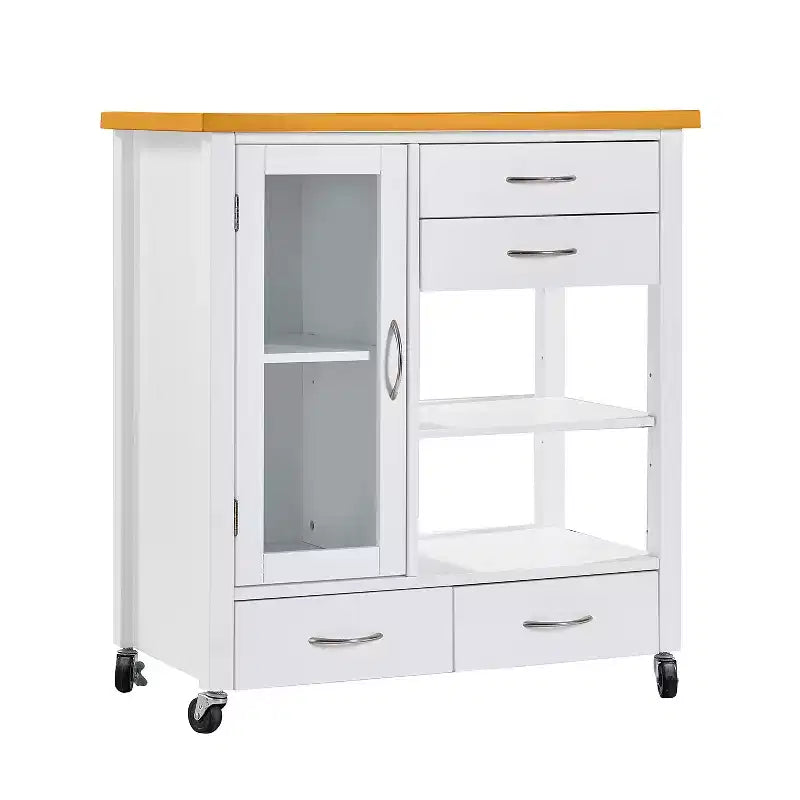 Carrello da cucina con ripiano in noce, cassetti e ruote per una conservazione flessibile