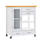 Carrello da cucina con ripiano in noce, cassetti e ruote per una conservazione flessibile
