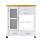 Carrello da cucina con ripiano in noce, cassetti e ruote per una conservazione flessibile