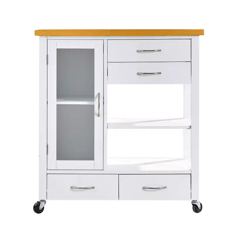 Carrello da cucina con ripiano in noce, cassetti e ruote per una conservazione flessibile