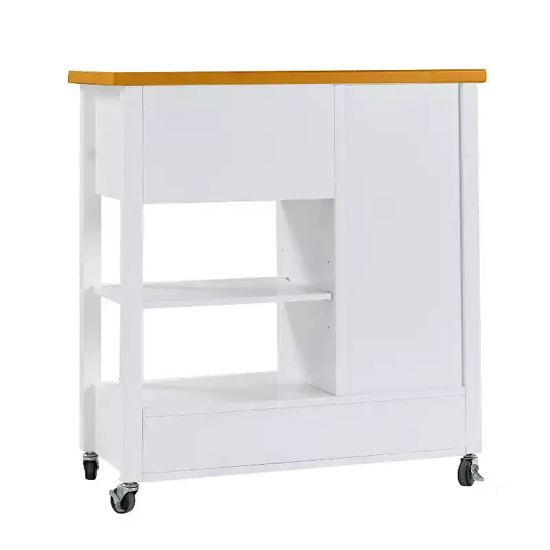 Carrello da cucina con ripiano in noce, cassetti e ruote per una conservazione flessibile