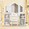Kids Vanity Table Set, Touch Light Detachable Tri-Folding Mirror, Open Storage Shelves, Wooden Pretend Play Dressing Table for Toddlers, White