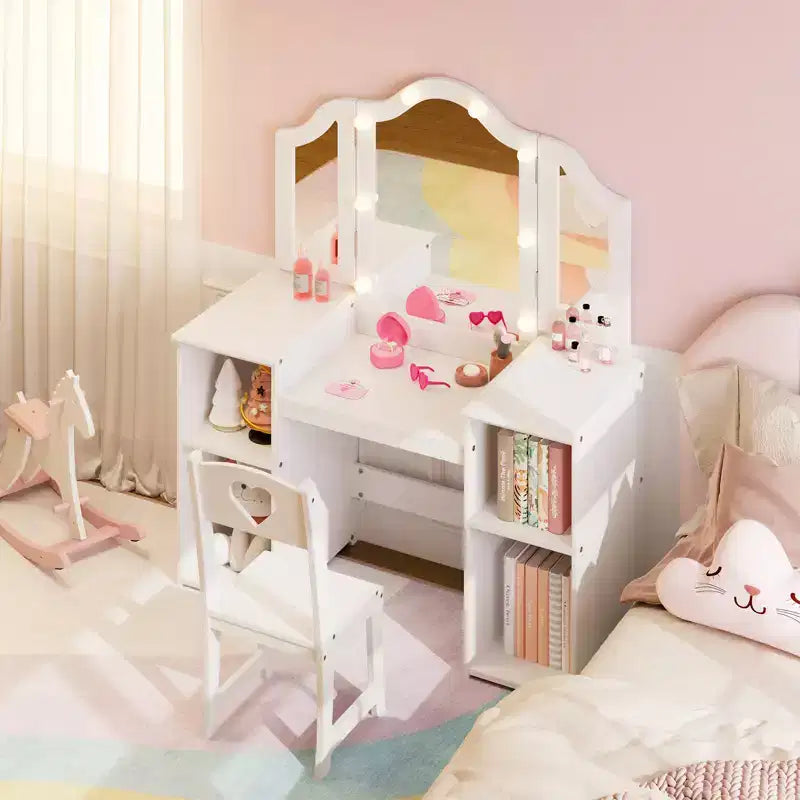 Toeletta per bambini, specchio tri-pieghevole staccabile con luce touch, ripiani aperti, tavolo da trucco in legno per bambini, bianco
