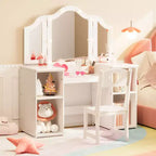 Toeletta per bambini, specchio tri-pieghevole staccabile con luce touch, ripiani aperti, tavolo da trucco in legno per bambini, bianco