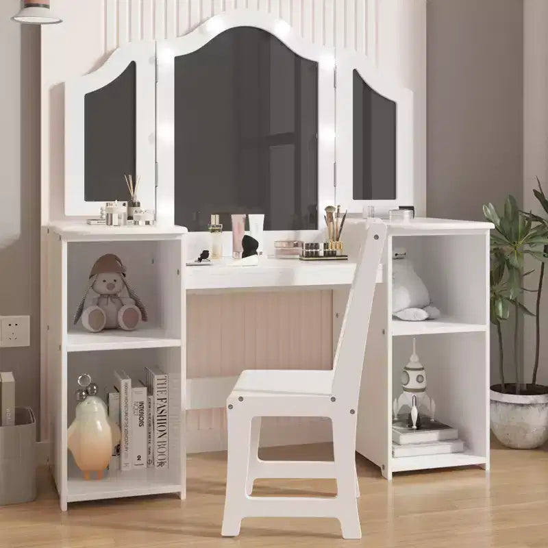 Toeletta per bambini, specchio tri-pieghevole staccabile con luce touch, ripiani aperti, tavolo da trucco in legno per bambini, bianco