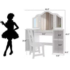 Toeletta per bambini, specchio tri-pieghevole staccabile con luce touch, ripiani aperti, tavolo da trucco in legno per bambini, bianco