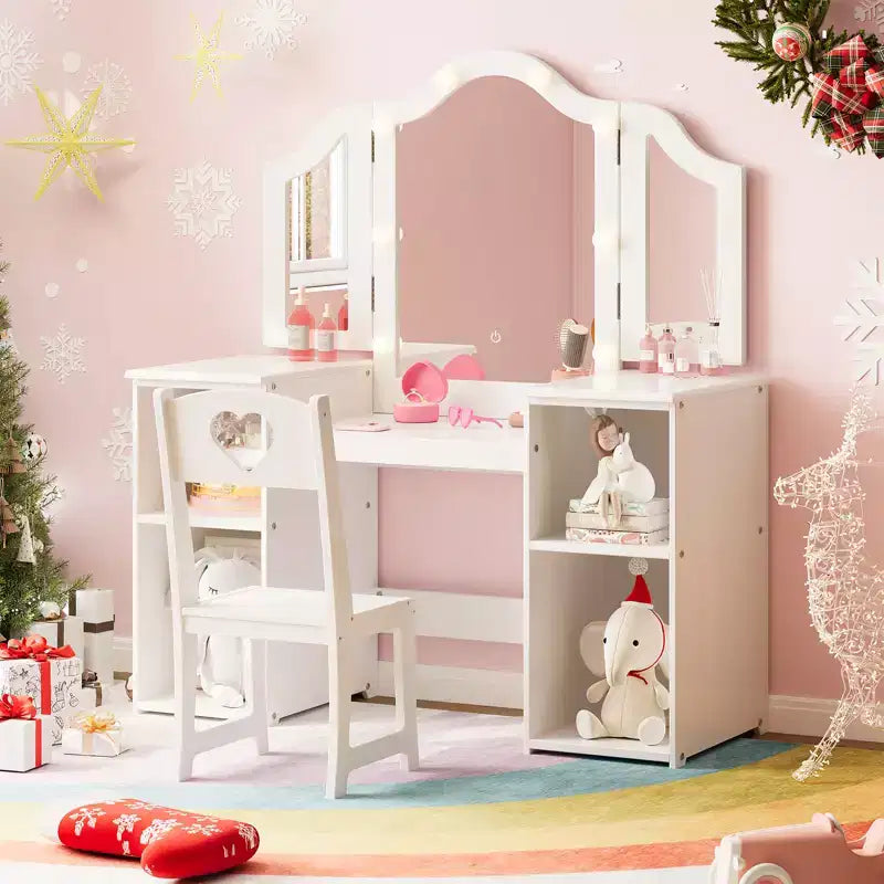 Toeletta per bambini, specchio tri-pieghevole staccabile con luce touch, ripiani aperti, tavolo da trucco in legno per bambini, bianco
