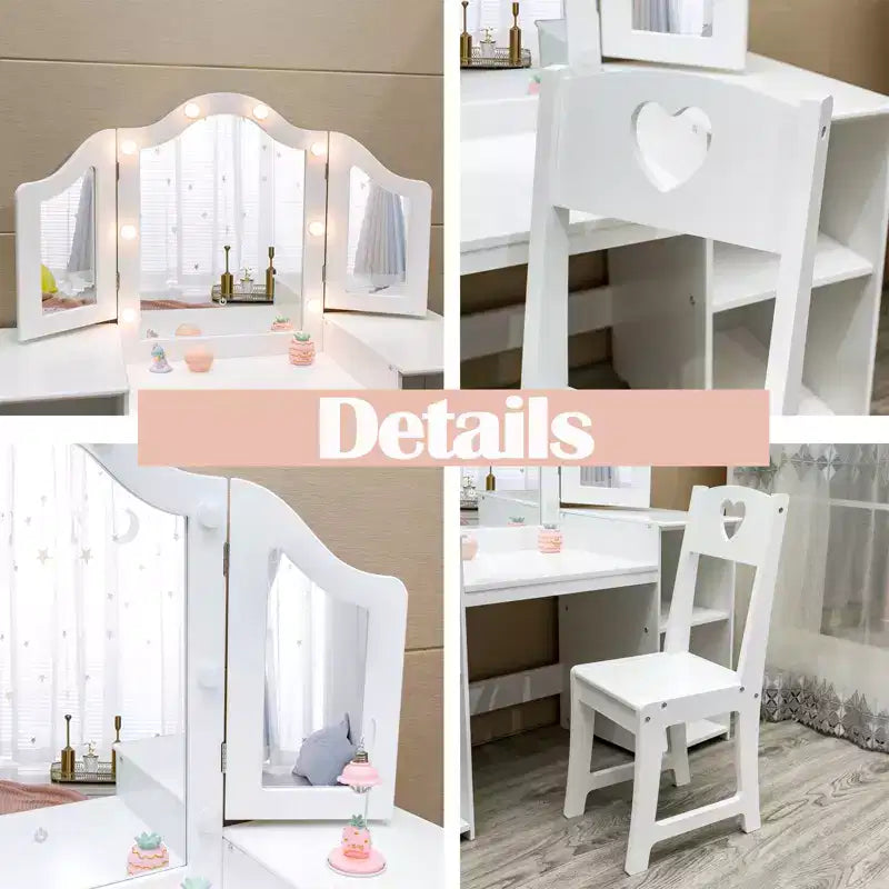 Toeletta per bambini, specchio tri-pieghevole staccabile con luce touch, ripiani aperti, tavolo da trucco in legno per bambini, bianco