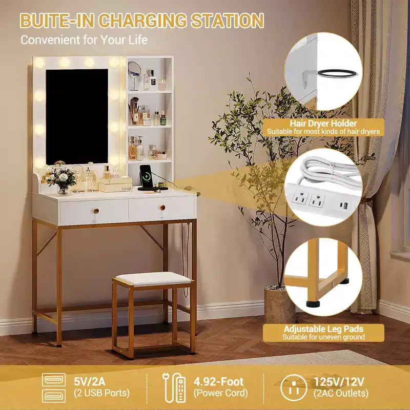 Toeletta per trucco con specchio a LED e stazione di ricarica, tavolo da trucco con 3 modalità di illuminazione, cassetti portaoggetti, ripiani e sgabello per camera da letto, bianco
