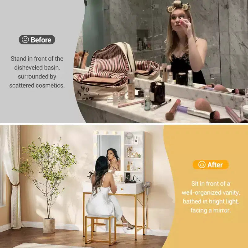 Toeletta per trucco con specchio a LED e stazione di ricarica, tavolo da trucco con 3 modalità di illuminazione, cassetti portaoggetti, ripiani e sgabello per camera da letto, bianco